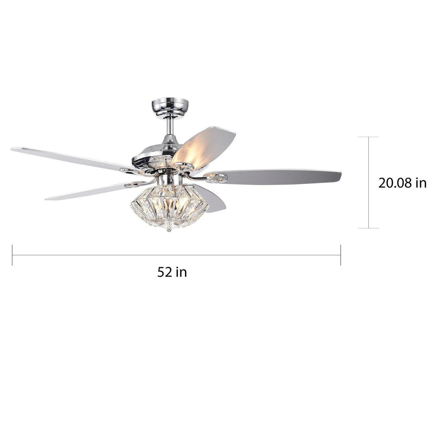 Modern 52in Lighted Ceiling Fan Chrome Finish with Crystal Shade - Remote Ctrl