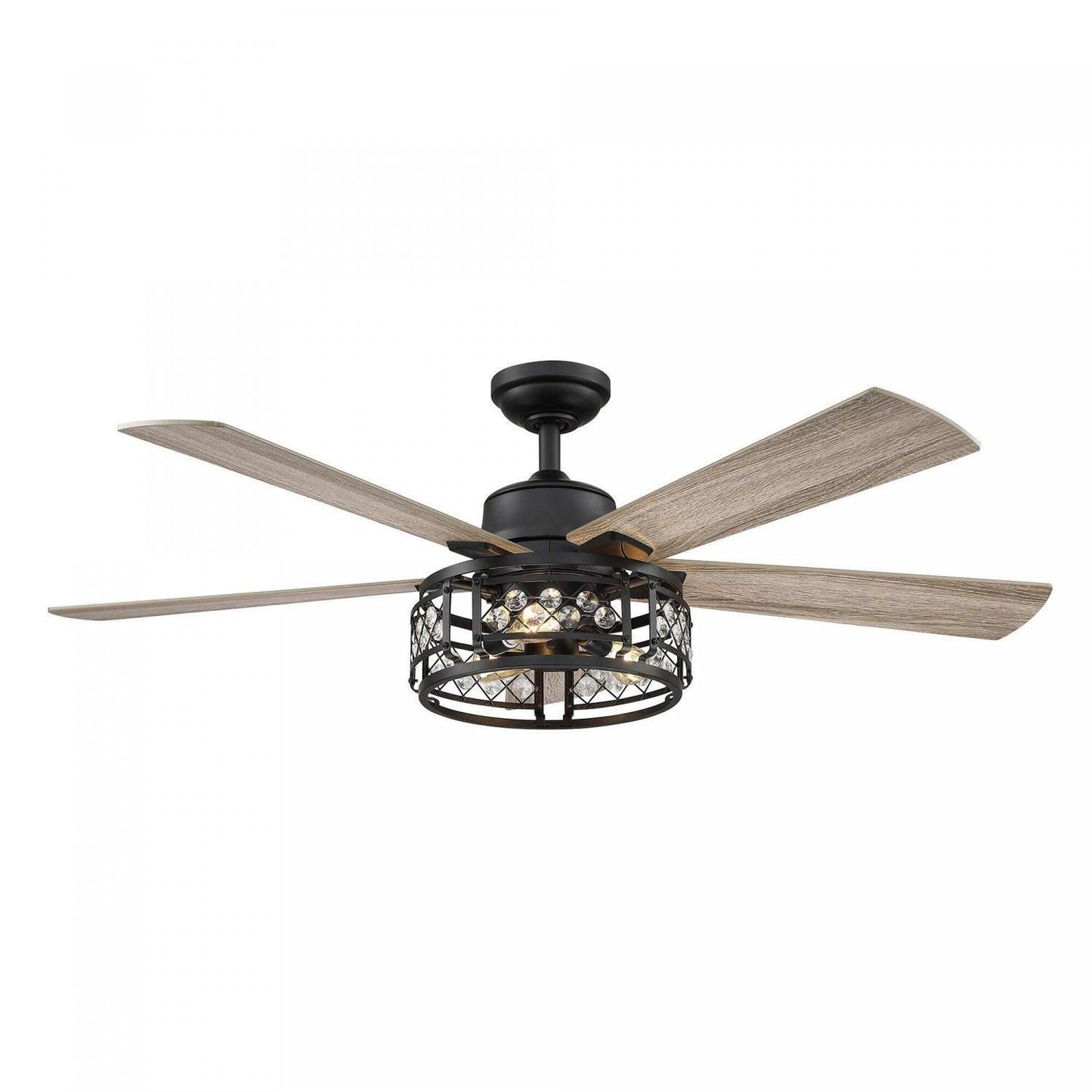 Oak Wooden Caged Light 5-Blade Crystal LED Ceiling Fan with Remote Control