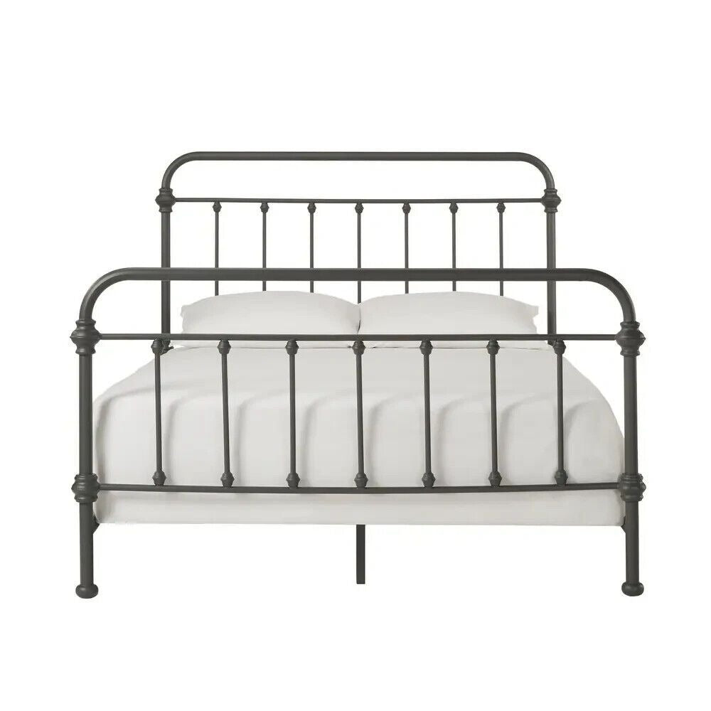 Antique-Style Iron Bed Frame with Flowing Curved Spindle Design, Grey, Queen Sz