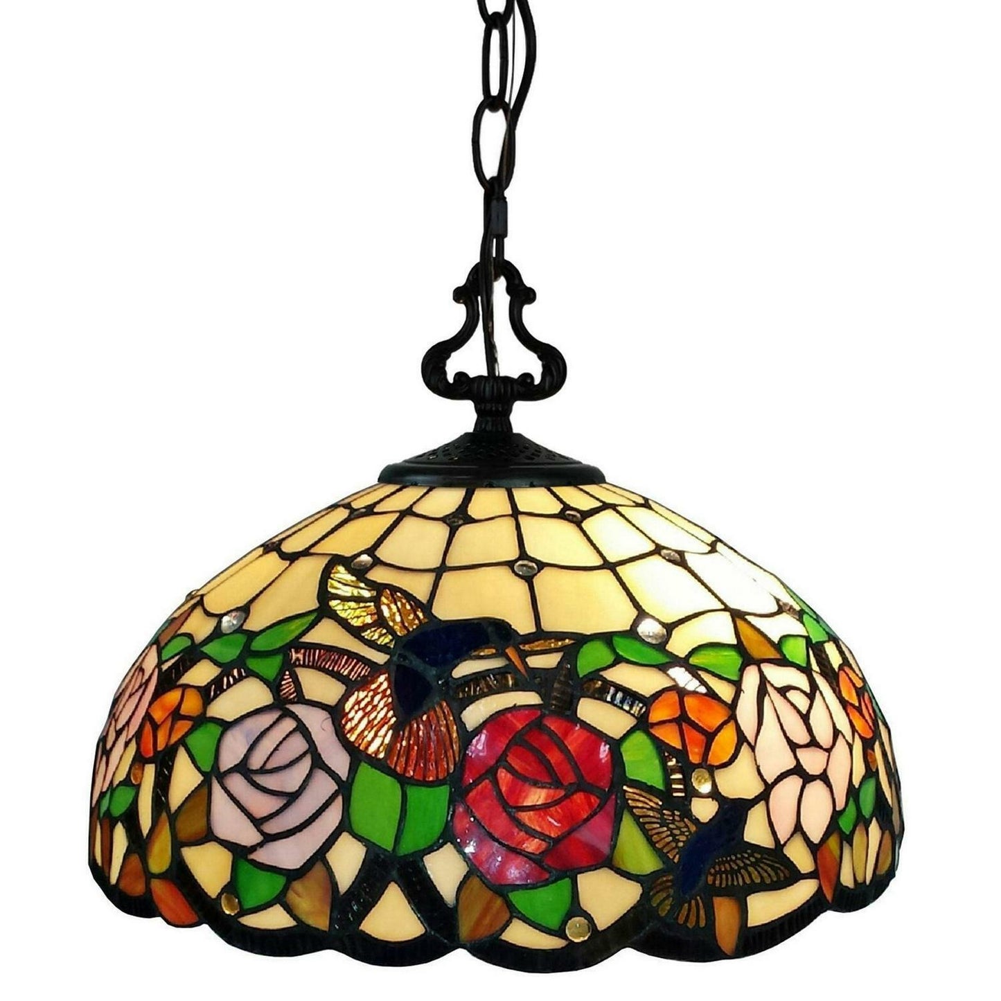 Tiffany Style Hanging Pendant Lamp Stained Glass Rose Theme Ceiling Light 16in