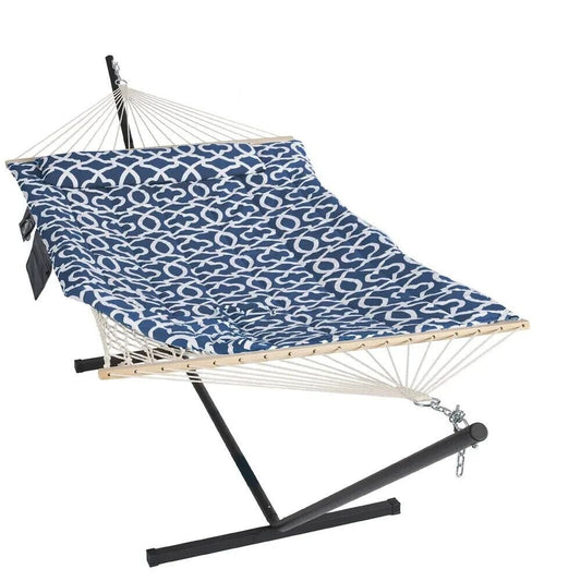 2 Person Hammock With Stand - Cotton Rope, Quilted Blue Patterned w/Pillow