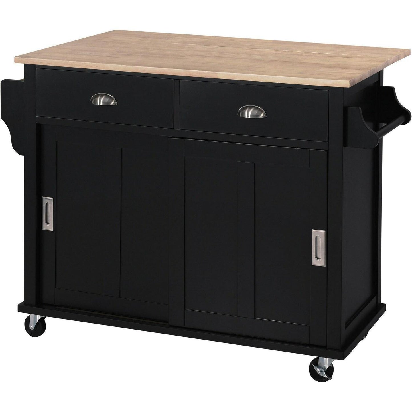 Stylish Drop Leaf Rolling Kitchen Island with Storage - in Black Finish