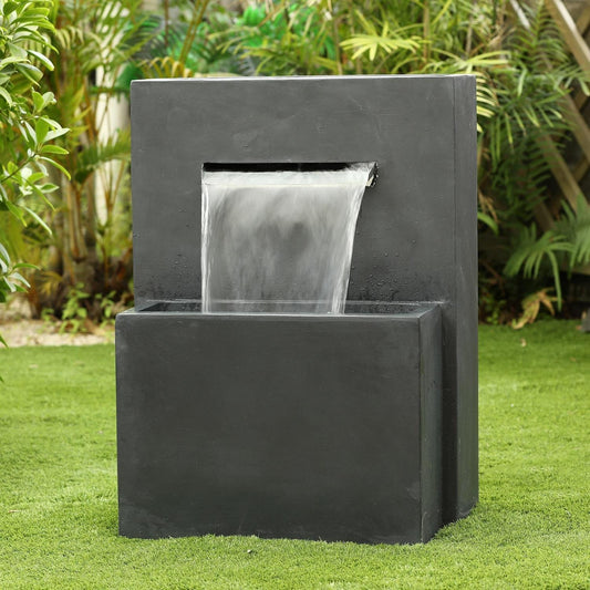 Serene Grey Resin Outdoor Fountain: Weather-Resistant, Minimalist Design 32in