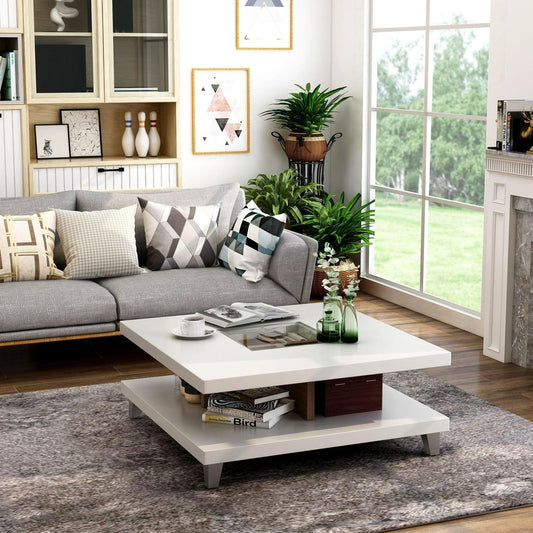 Matte White Modern Low Profile 2-Tier Coffee Table 32x32in