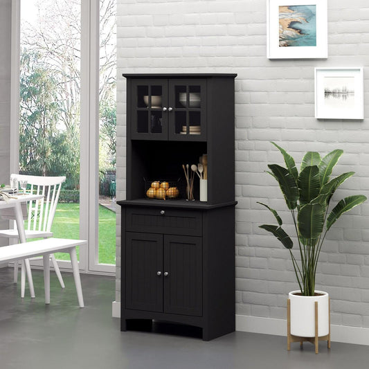 Black Kitchen Buffet Storage Cupboard with Framed Glass Door and Microwave Space