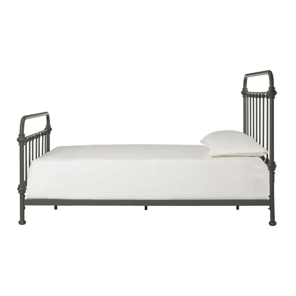 Antique-Style Iron Bed Frame with Flowing Curved Spindle Design, Grey, Queen Sz