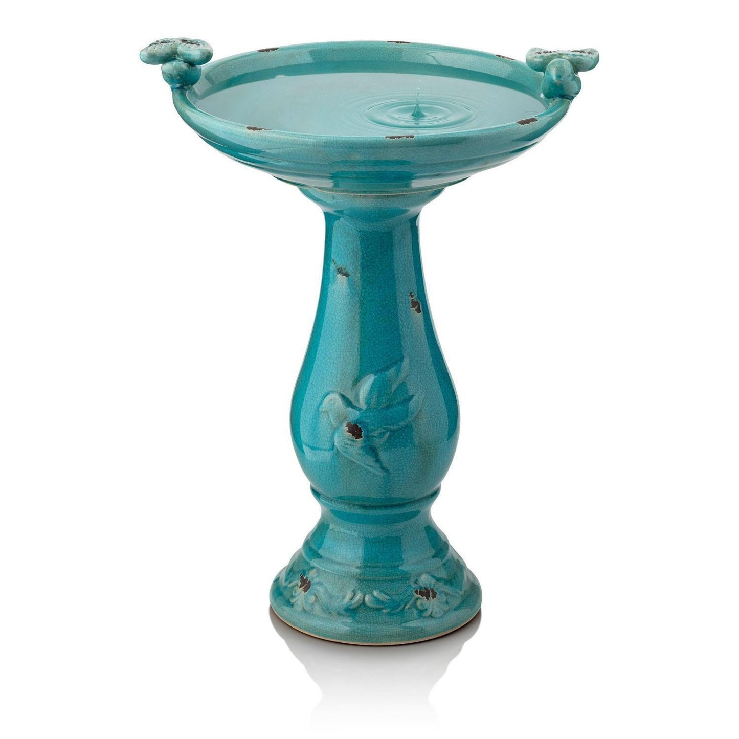 Vintage Turquoise Ceramic Pedestal Birdbath Vintage Yard Art Garden Decor 25in