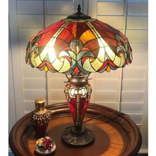 Tiffany Style Table Lamp Red Stained Glass Accent Reading Accent Lamp