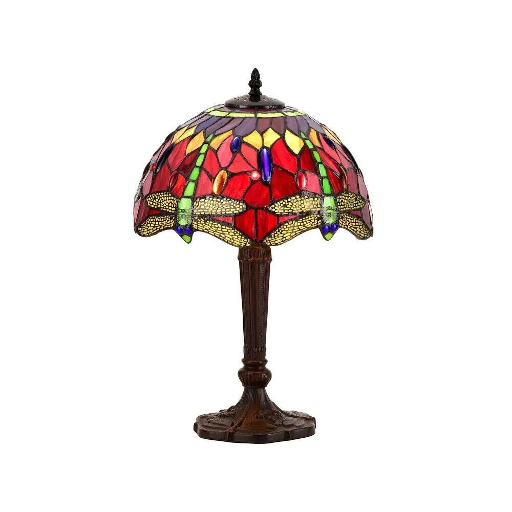 Tiffany Style Stained Glass Dragonfly Accent Table Lamp in Red and Purple 19in