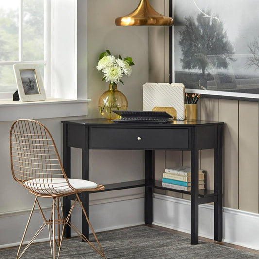 Corner Desk Computer Desk for Home Office and Study in BLACK w/ Lower Shelf