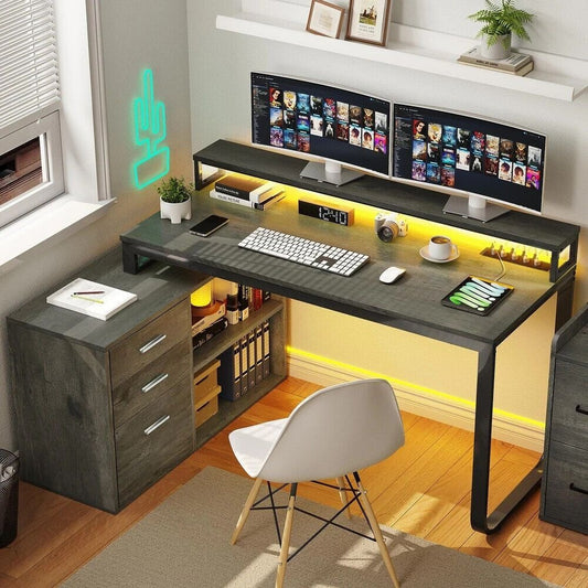 L-Shaped Computer Desk: Wireless Charge, LED Lit & File Cabinet in Dark Grey