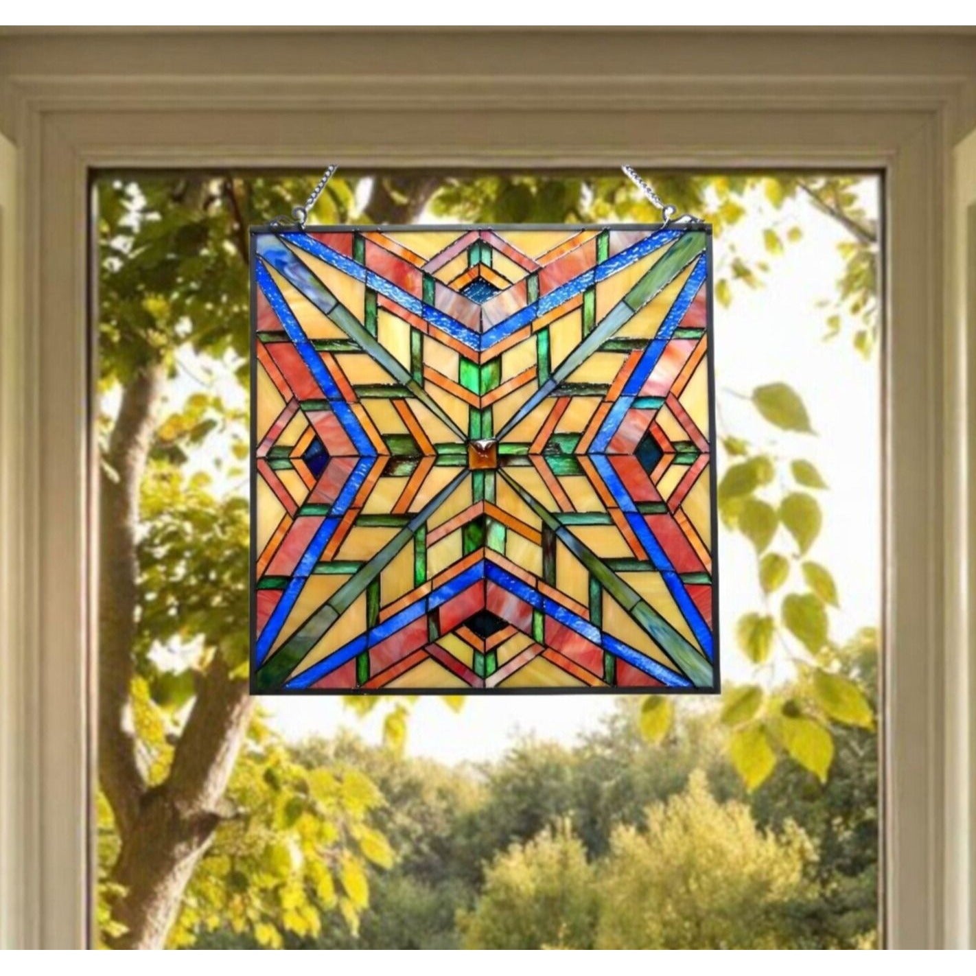 Mission Stained Glass Art Window Panel Suncatcher Multicolor Geometric 24x24in