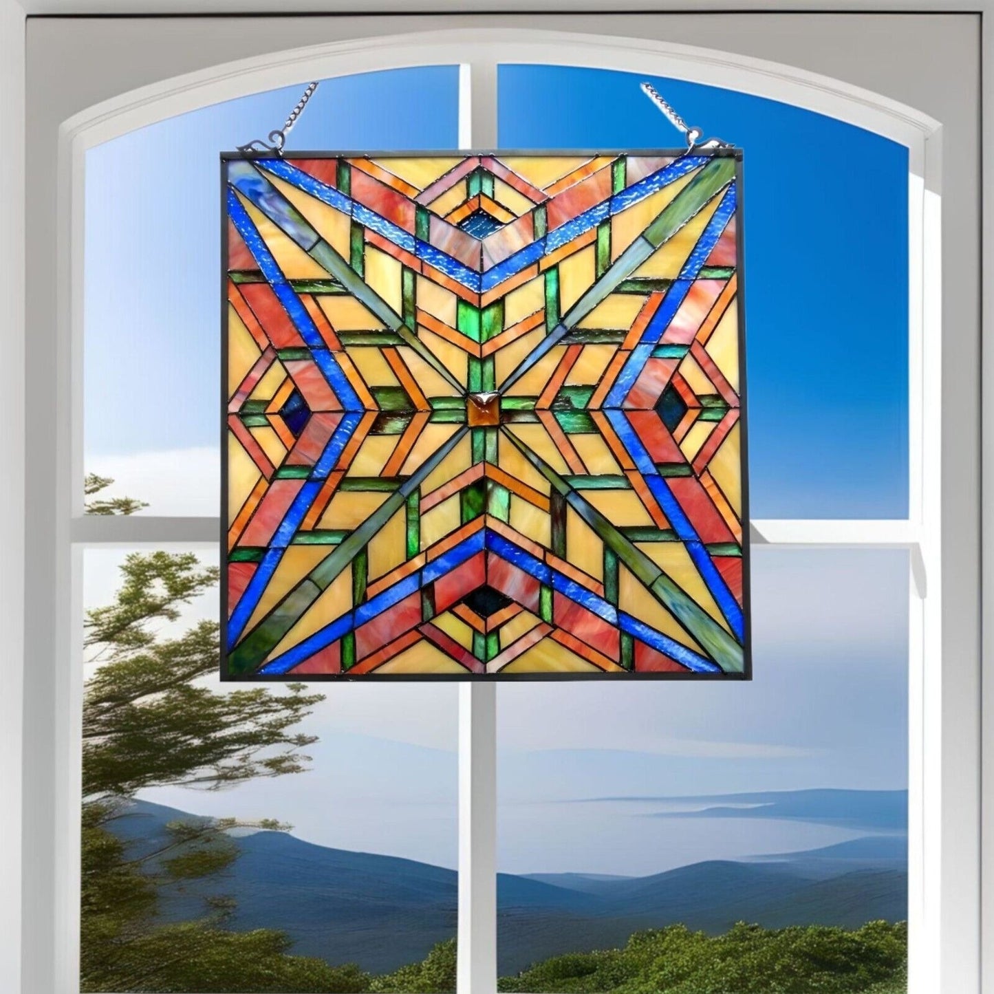 Mission Stained Glass Art Window Panel Suncatcher Multicolor Geometric 24x24in