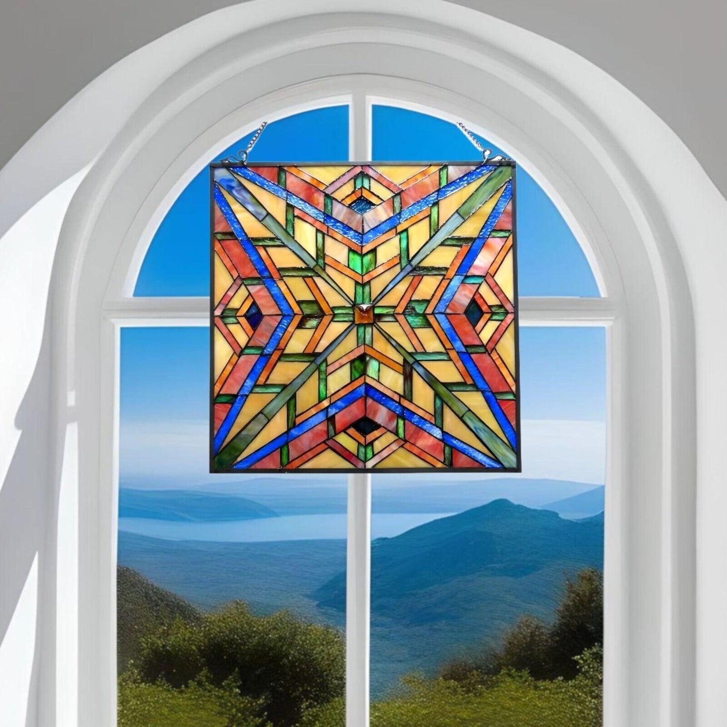 Mission Stained Glass Art Window Panel Suncatcher Multicolor Geometric 24x24in