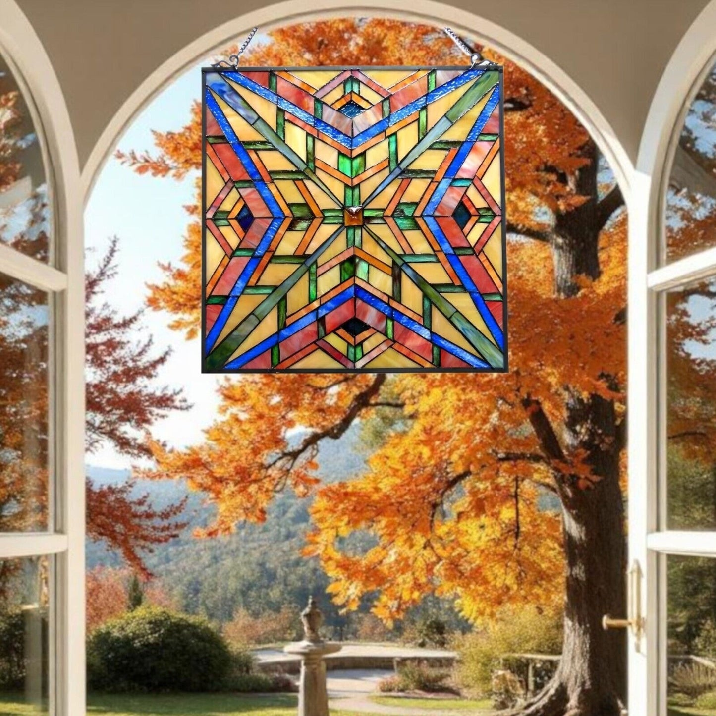 Mission Stained Glass Art Window Panel Suncatcher Multicolor Geometric 24x24in