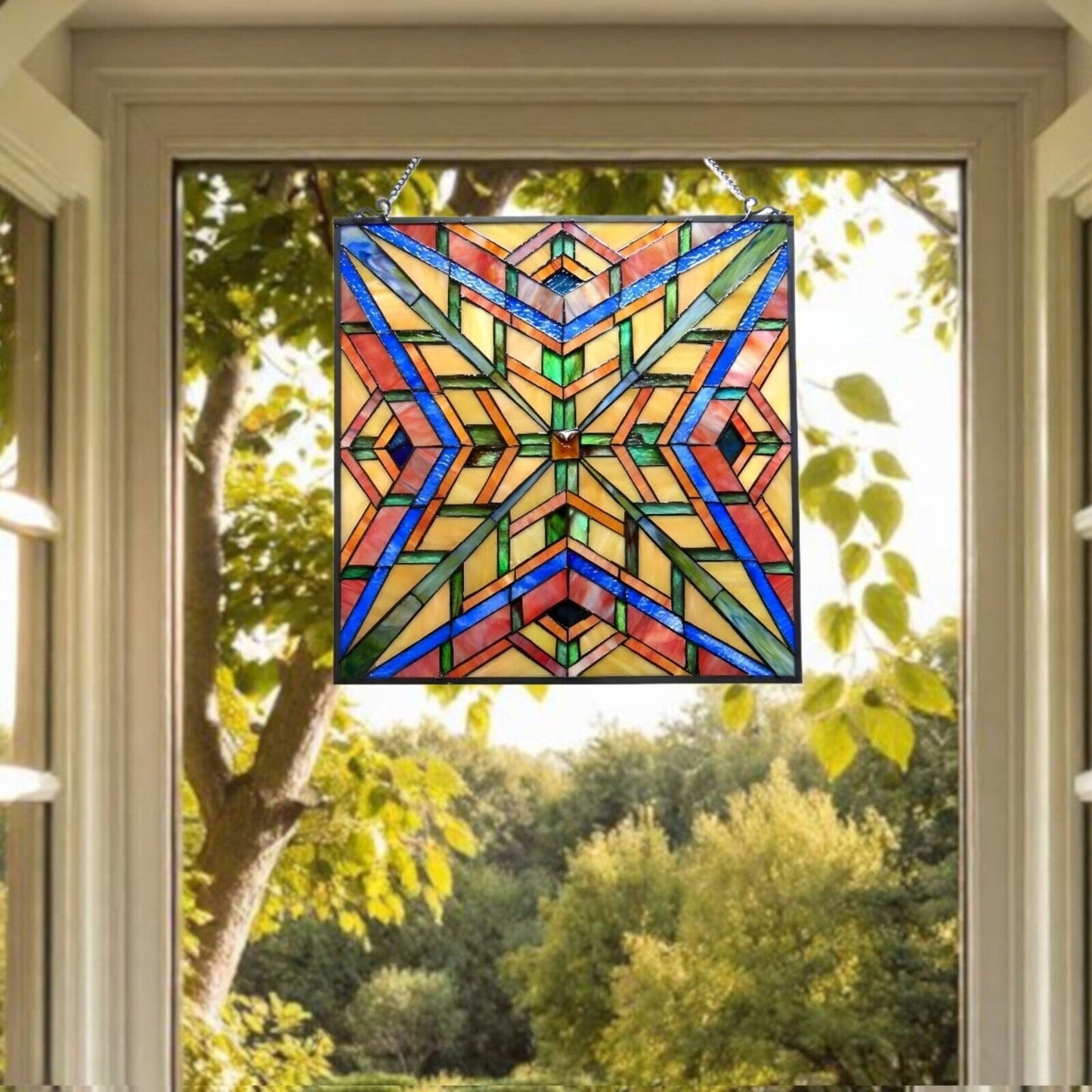 Mission Stained Glass Art Window Panel Suncatcher Multicolor Geometric 24x24in