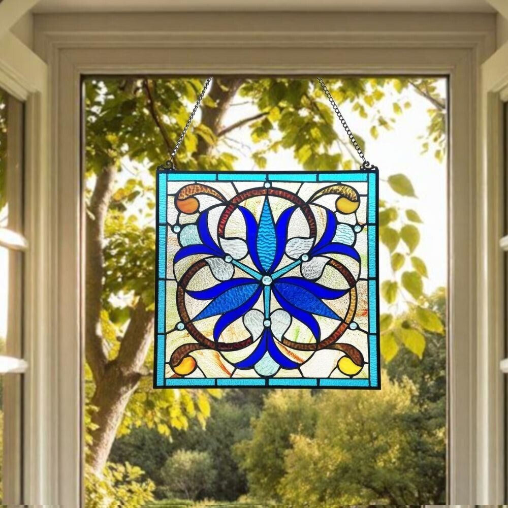 Blue Lilies Stained Glass Windows Panel Suncatcher 16x16in