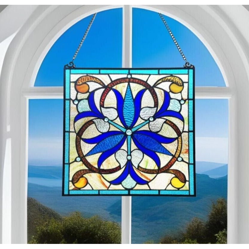 Blue Lilies Stained Glass Windows Panel Suncatcher 16x16in