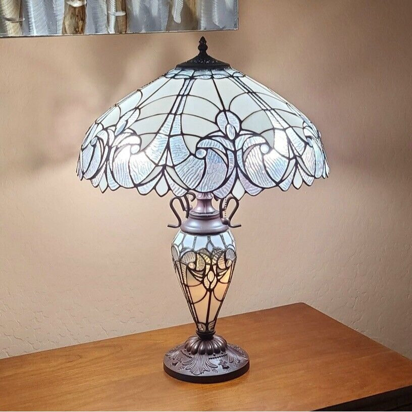 Tiffany Style White Stained Glass Victorian Floral Double Lit Table Lamp