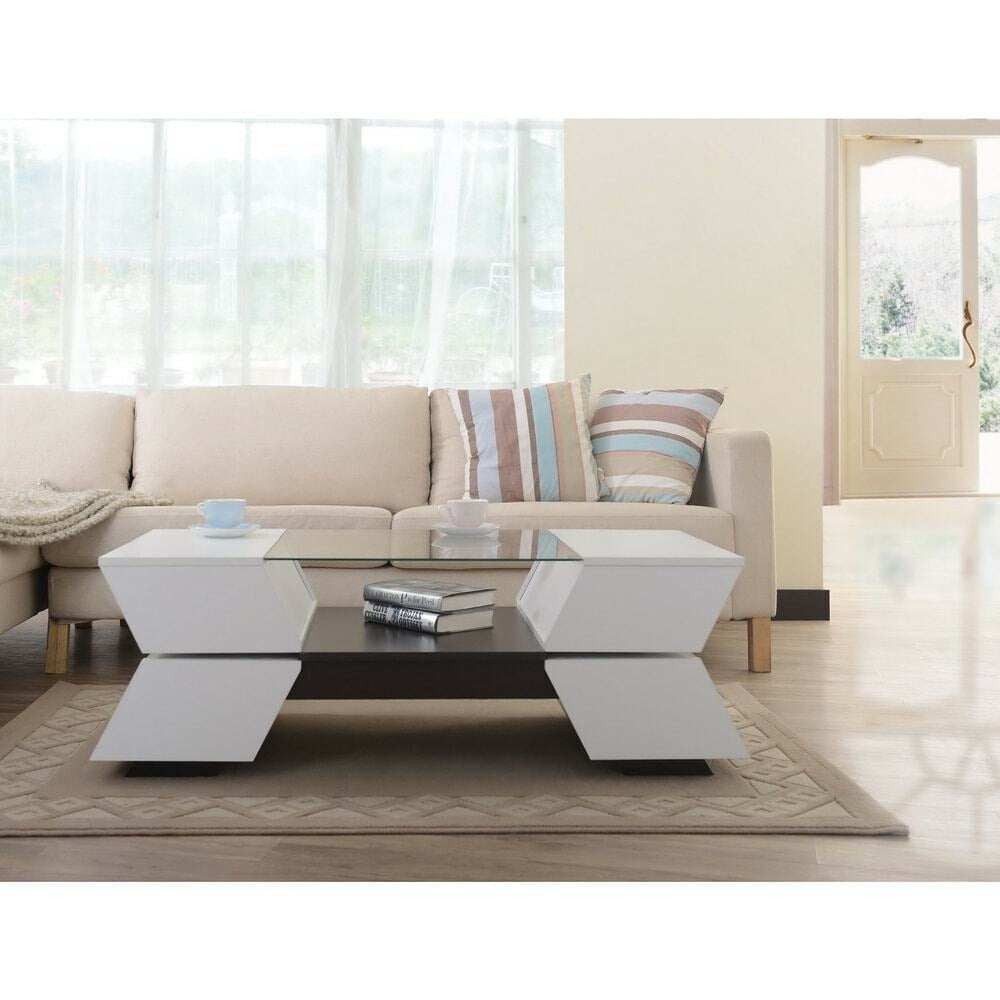 Modern Multi-Storage Coffee Table w/ Tempered Glass Top Open Center - White