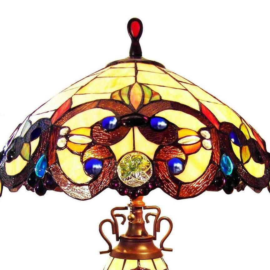 Yellow Jeweled Tiffany Inspired Victorian Stained Glass Table Lamp w/ Lit Base