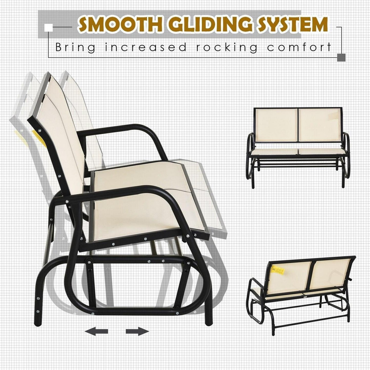 2-Person Glider Rocking Chair Bench For Patio Deck Yard in Cream White