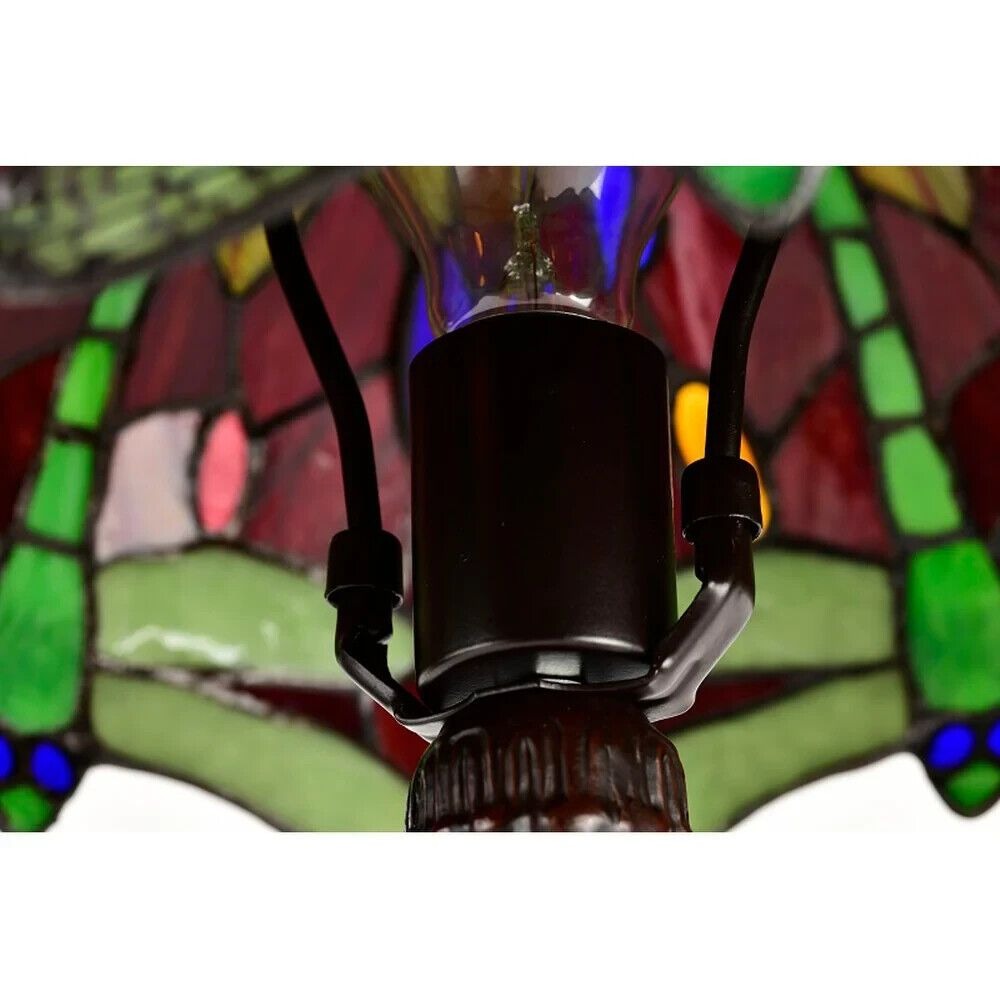 Tiffany Style Stained Glass Dragonfly Accent Table Lamp in Red and Purple 19in