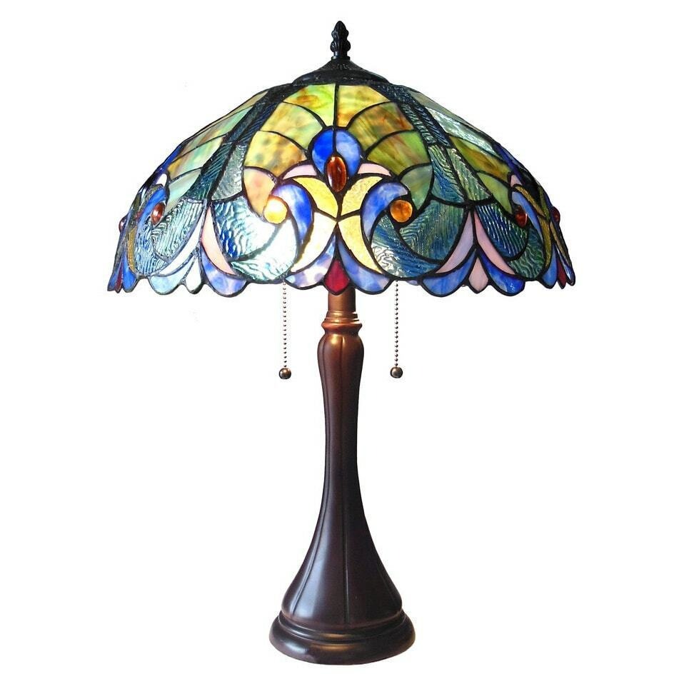 Victorian Design 2-Light Tiffany Style Stained Glass Dark Bronze Blue Table Lamp