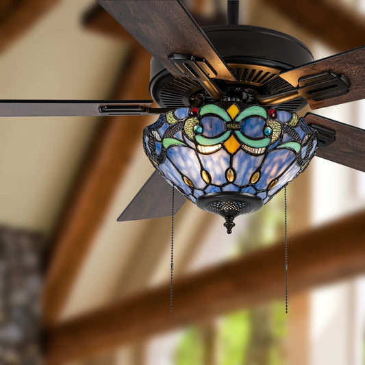 Remote Control Stained Glass Blue Ceiling Fan 52in 3-Light Oil-Rubbed Bronze