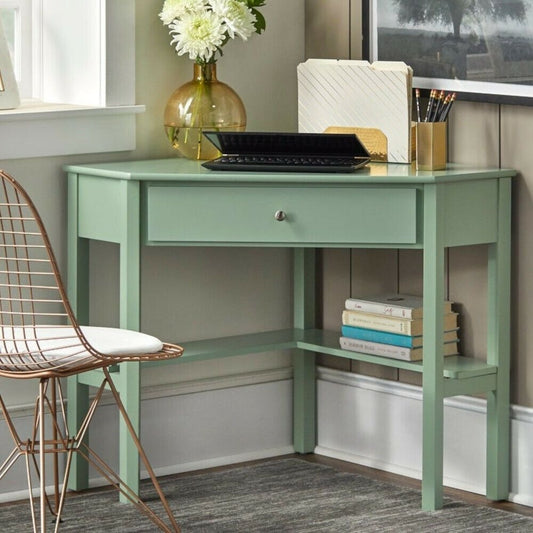 Corner Desk for Home Office Computer Study With Lower Shelf Mint Green Finish