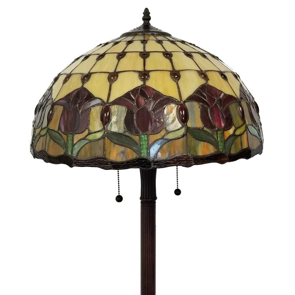 Floral Theme Stained Glass Tiffany Style Floor Lamp 2-Light Pull Chain 62in