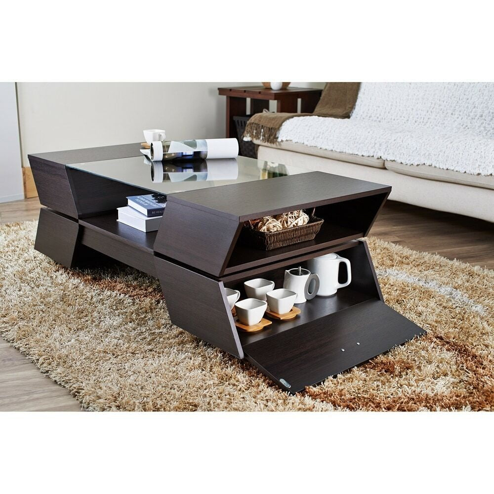 Modern Multi-Storage Coffee Table w/ Tempered Glass Top Open Center - Espresso