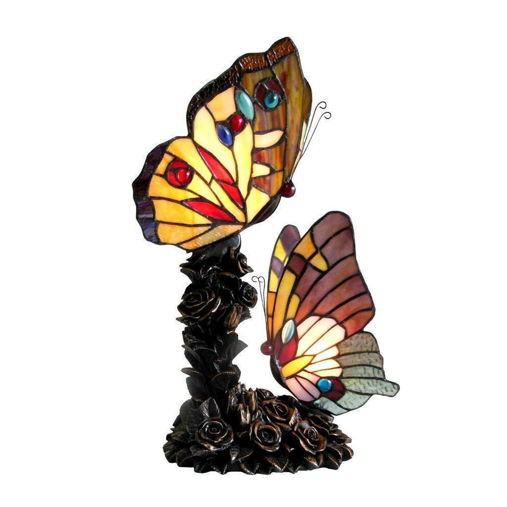 Butterflies Tiffany Style Stained Glass Accent Table Lamp in Amber