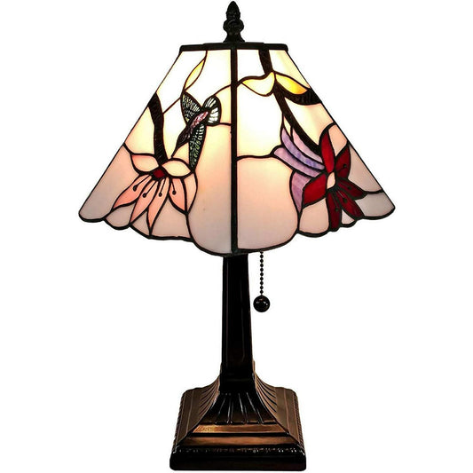 15-inch Tiffany Style Stained Glass Pink Hummingbird Mission Accent Table Lamp