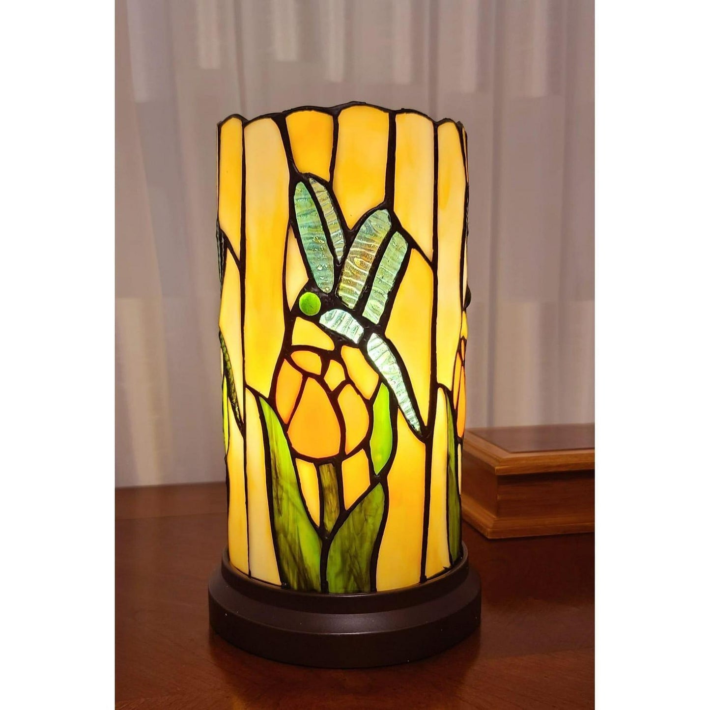 Hurricane Accent Table Lamp Tiffany Style Yellow Stained Glass Dragonfly 10in