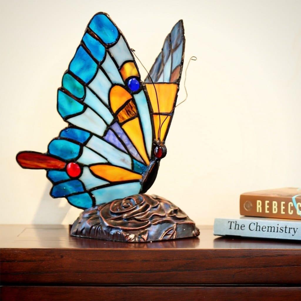 Blue Butterfly Stained Glass Accent Lamp Tiffany Style Stained Glass 10in