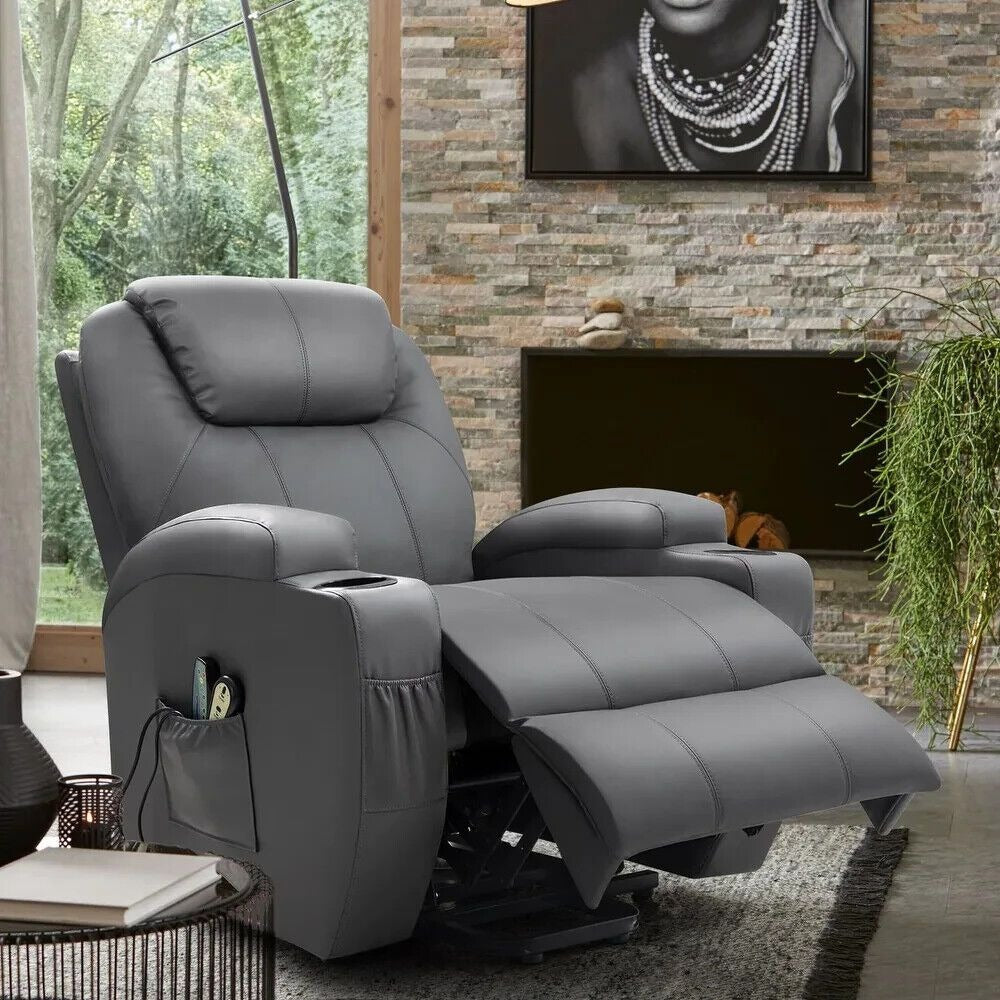 Power Lift Recliner Chair for Elderly with Heat / Massage and Cup Holder - Grey