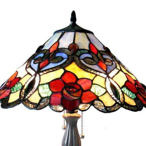 Tiffany Style Rose Floral Design Stained Glass Antique Bronze Table Lamp 23in