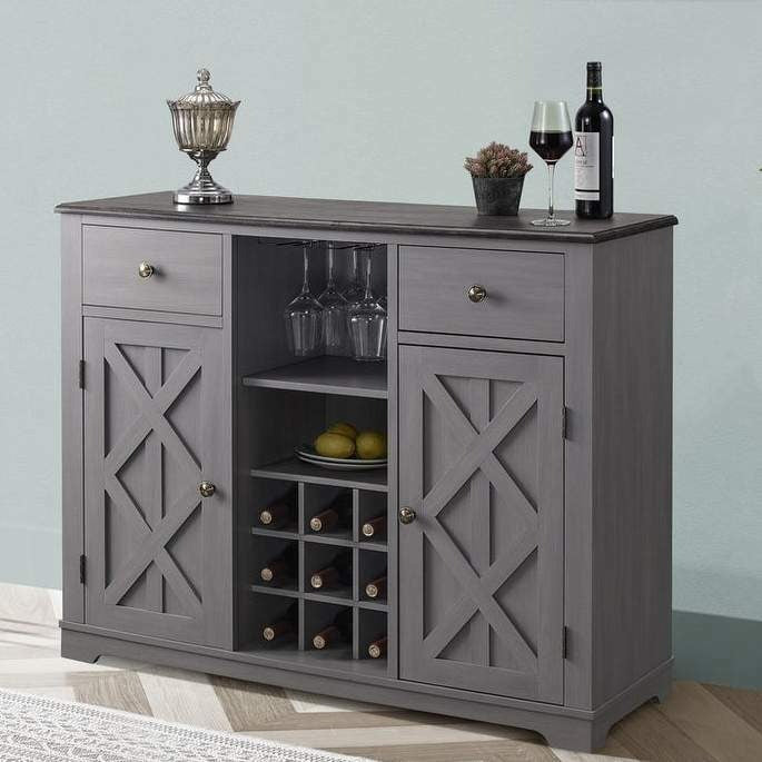 Buffet Sideboard Cabinet Credenza With Built-in Wine Rack Bar in Grey Finish