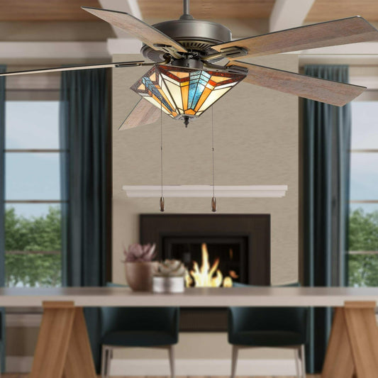 Mission Tiffany Style Stained Glass Ceiling Fan 52in 5-Reversable Blades