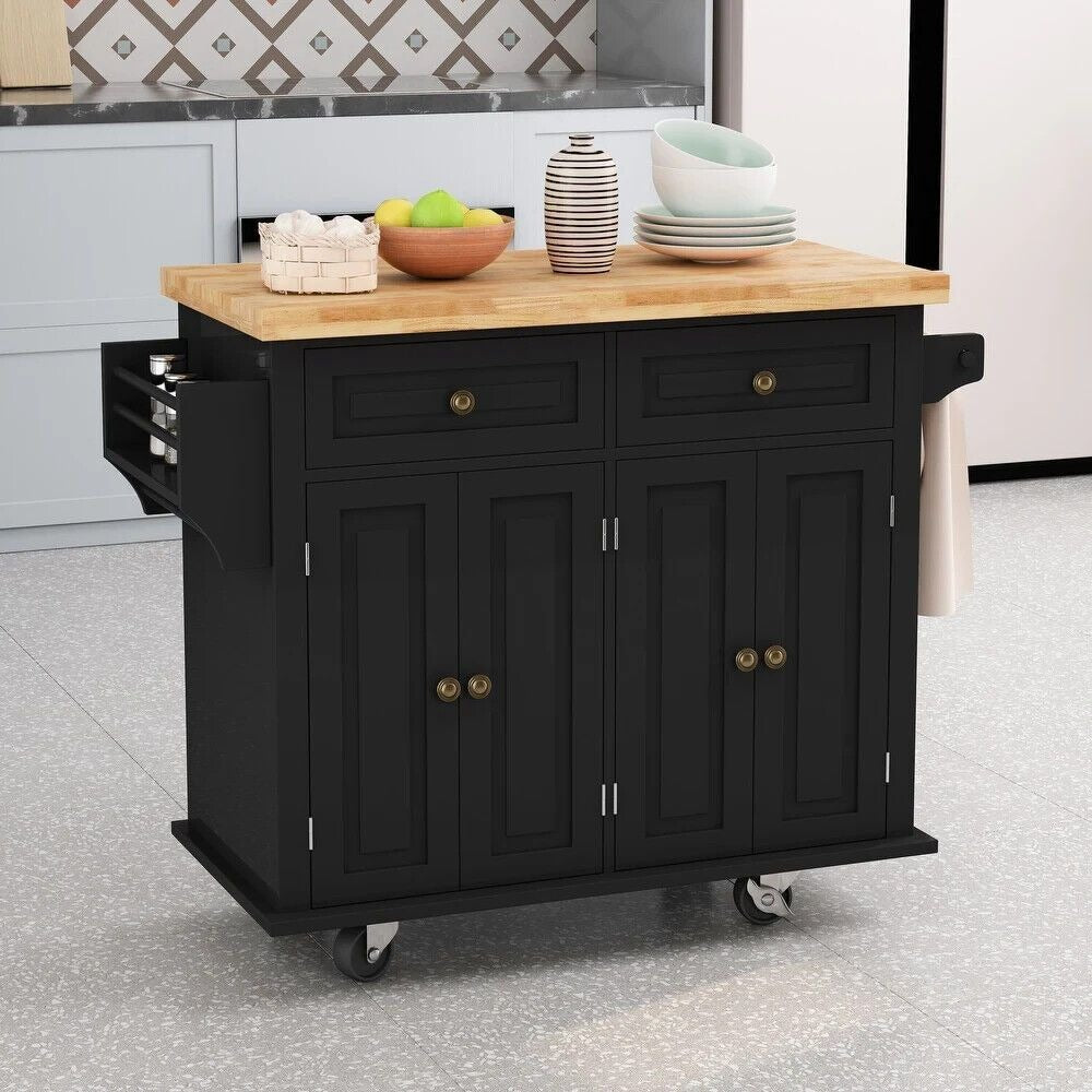 Rolling Kitchen Serving Cart Cabinet Natural Wood Butcher Block Top - Black