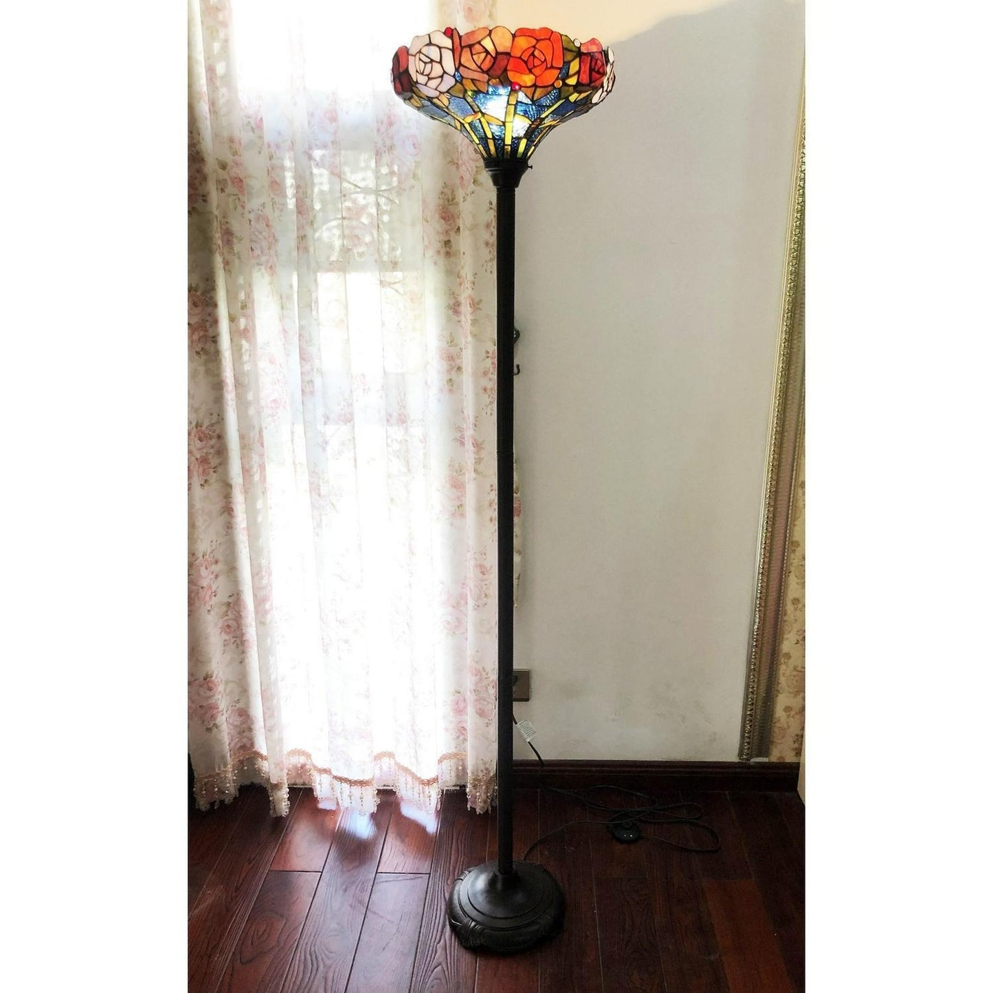 Rose Floral Theme Tiffany Style Stained Glass Traditional Torchiere Floor Lamp