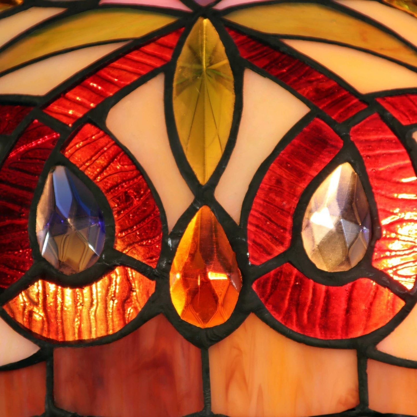 Red and Amber Tiffany Inspired Victorian Stained Glass Table Lamp w/ Lit Base