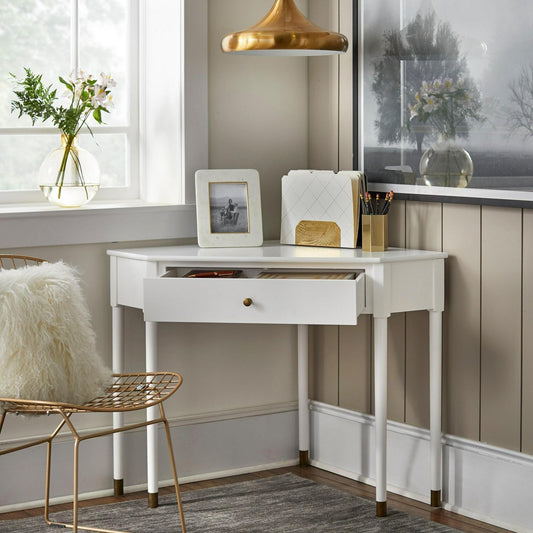 Corner Desk - Mid-Century Style Reading Writing Study in White Finish