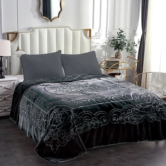 Luxurious Oversized Floral Embossed Bed Blanket/Cover in Dark Grey