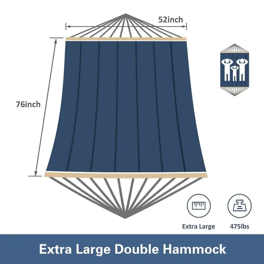 2 Person Hammock With Stand - Cotton Rope, Quilted Navy Blue w/Pillow