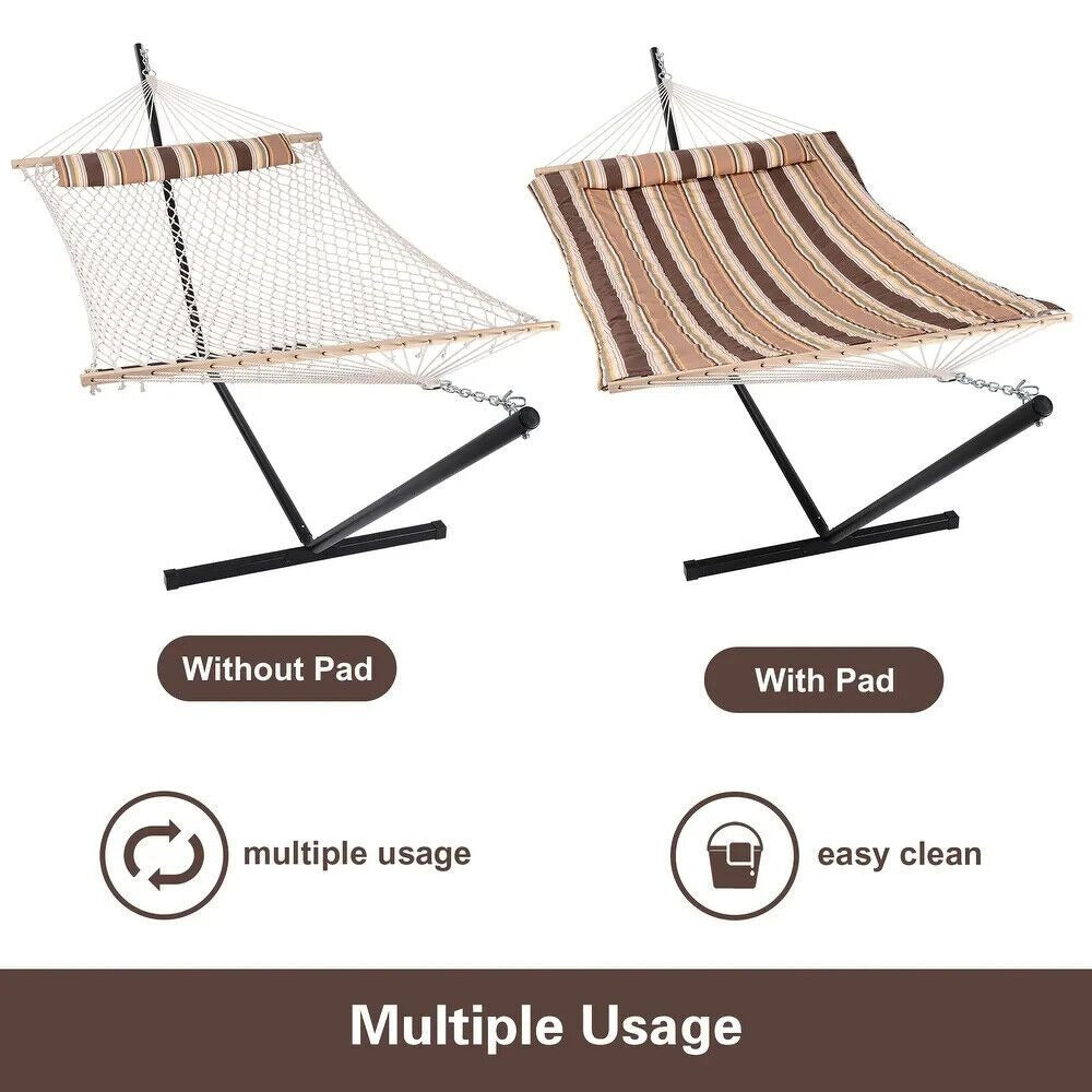 2 Person Hammock With Stand - Cotton Rope, Quilted Brown Striped w/Pillow