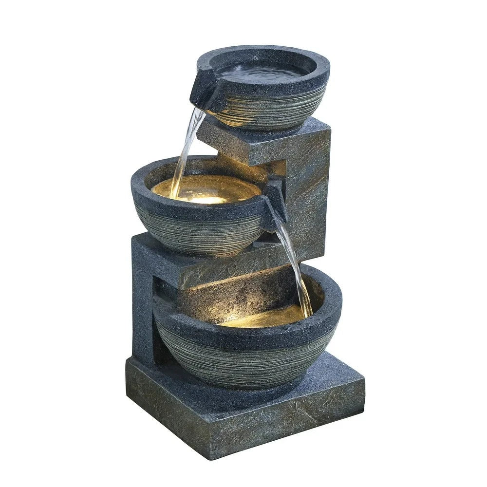 Captivating 24in Gray Indoor Outdoor 3 Tier Cascading Bowl LED Water Fountain