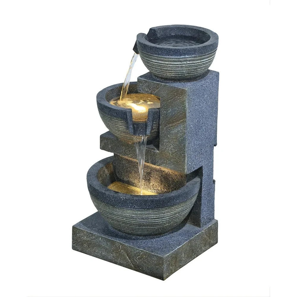 Captivating 24in Gray Indoor Outdoor 3 Tier Cascading Bowl LED Water Fountain