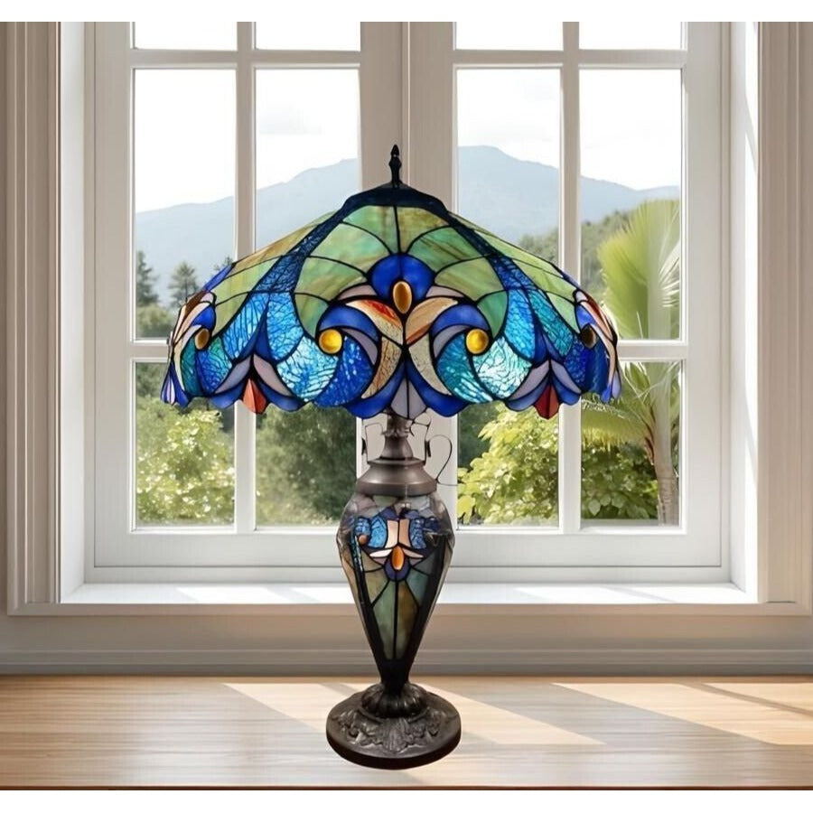 Victorian Inspired Tiffany Style Table Lamp Royal Blue Stained Glass 3 Way Light